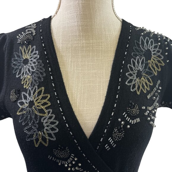 Nanette Lepore Dress Beaded Embroidered Merino Wool Knit Sz M - Picture 6 of 13
